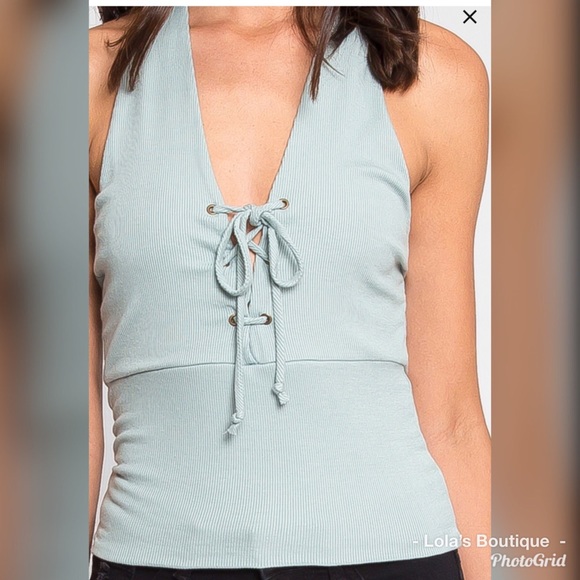 Mint Ribbed Halter Top - Picture 2 of 6